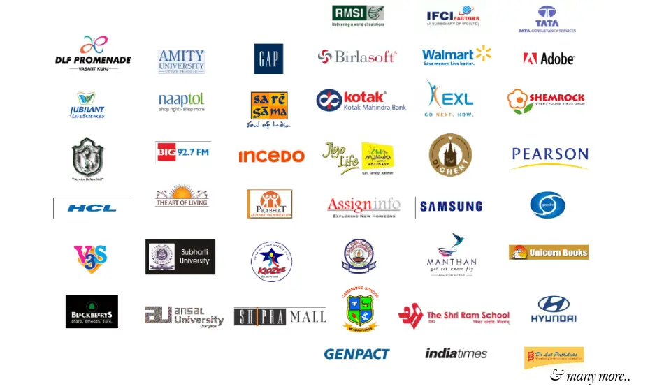 Collage of logos and names showcasing the extensive network of clients, partners, and corporate/university associations of Guitarmonk, India's best guitar school, including organizations where our notable alumni hold key positions.